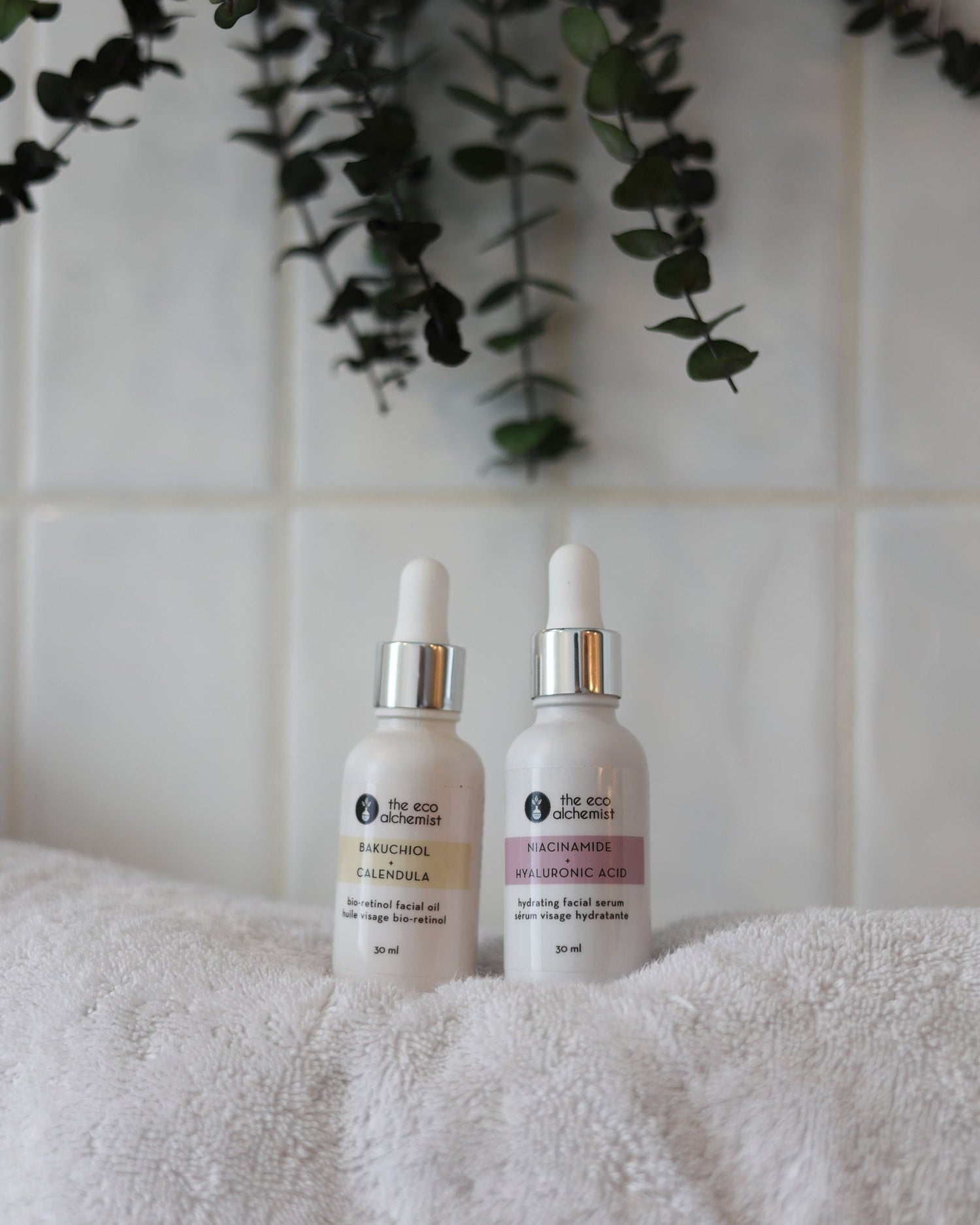 Award winning skin care products Bakuchiol + Calendula Bio-Retinol Facial oil and Niacinamide + Hyaluronic Acid Hydrating Facial Serum